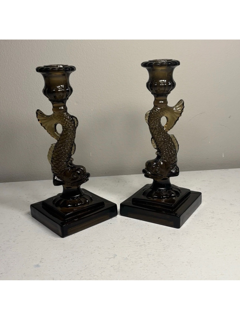 Vintage Imperial Nut Brown Dolphin/Koi Fish Candle Holders set of 2